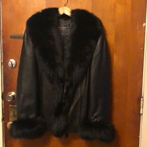 Leather Fur Trimmed Jacket in Black - New with Tag